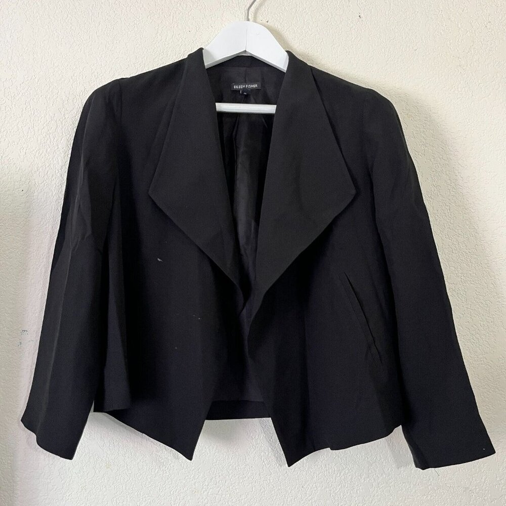 Eileen Fisher Womens XS Black Drape 100% Silk Front Open Blazer Jacket Lined